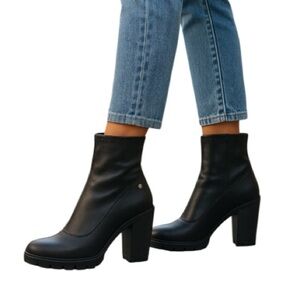 Guess Jolting Chunky Heel Platform Over Ankle Boots Black Vegan Leather Zip 9